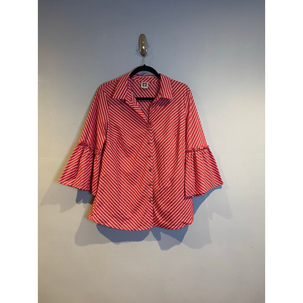 Anne Klein Red & White Diagonal Stripe Bell Sleeve Blouse – Size M